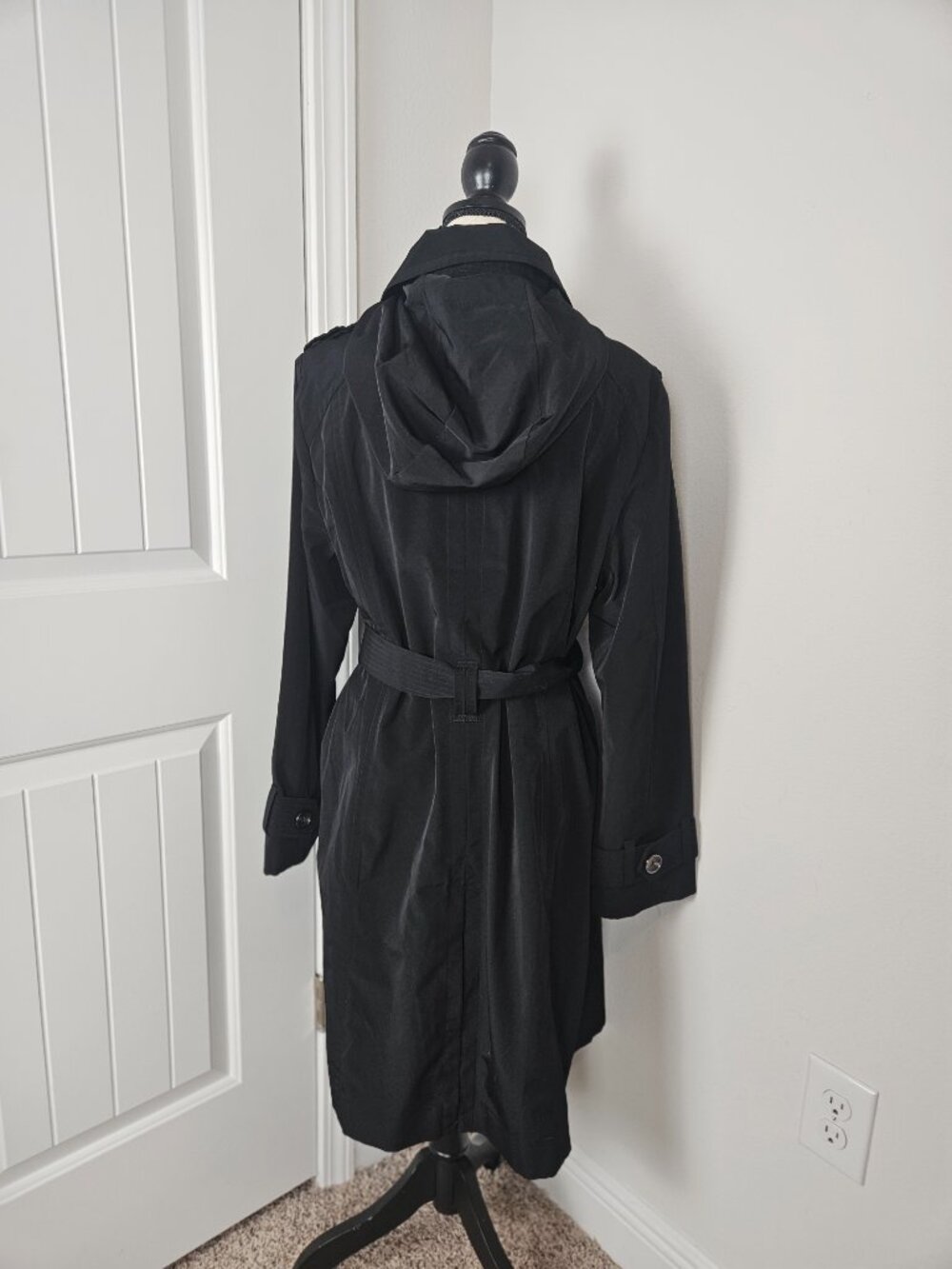 LONDON FOG DOUBLE BREASTED HOODED TRENCH COAT BLACK WOMEN'S SIZE XL - Picture 7 of 13